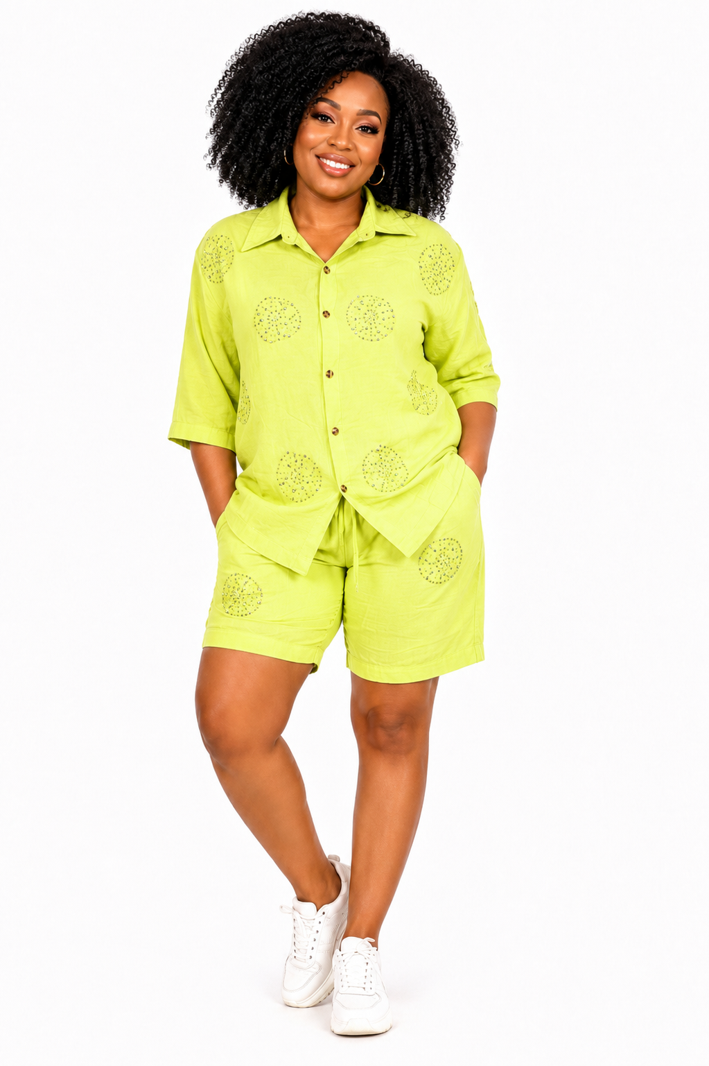 Chic Green Linen Button-Up & Shorts Set 071