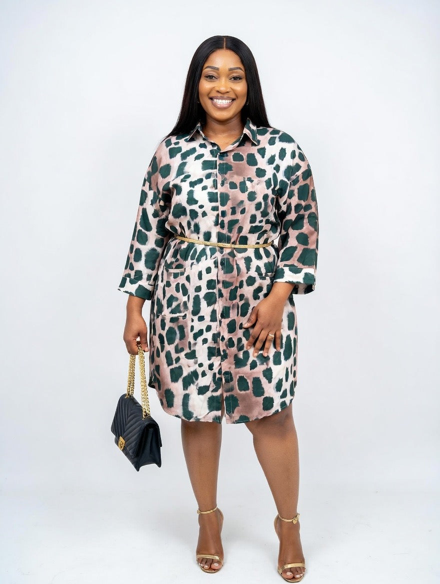 Modern Abstract Print Shirt Dress – Green & Nude Mix