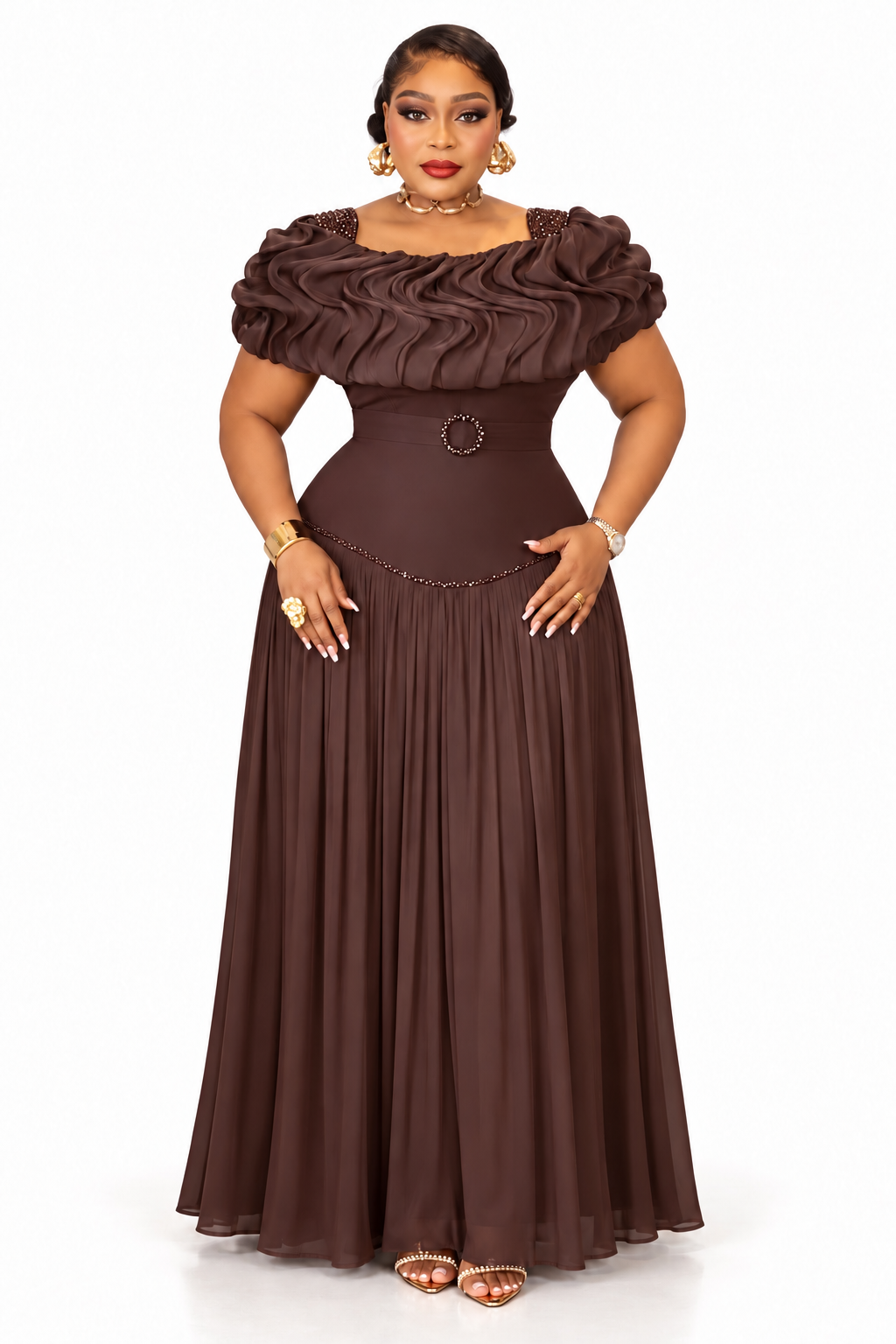 Chocolate Brown Ruffle Neckline Maxi Dress
