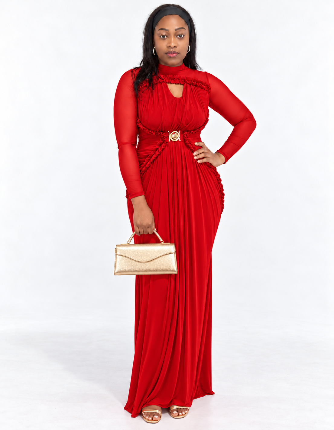 Red Ruffle-Trim Pleated Maxi Dress