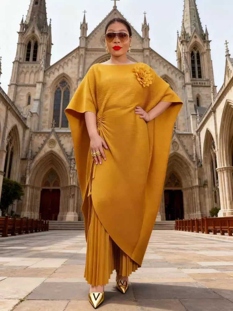 Elegant Pleated Kaftan Pant Set – Mustard