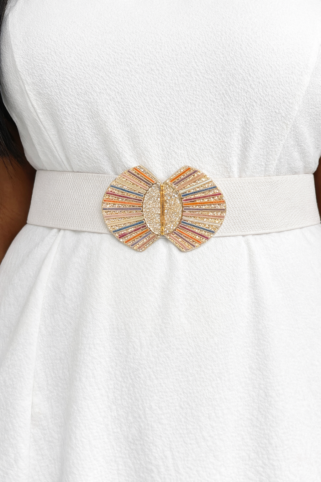 Elegant Light White Elastic Waist Belt with Gold Crystal Buckle