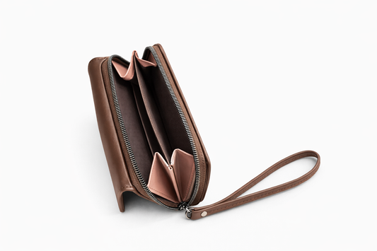 Luxury Dark Brown Multi-Compartment Ladies Wallet with Wrist Strap