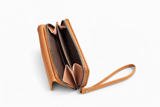 Luxury Light Brown Multi-Compartment Ladies Wallet with Wrist Strap