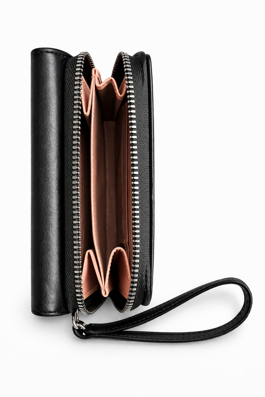 Luxury Black Multi-Compartment Ladies Wallet with Wrist Strap