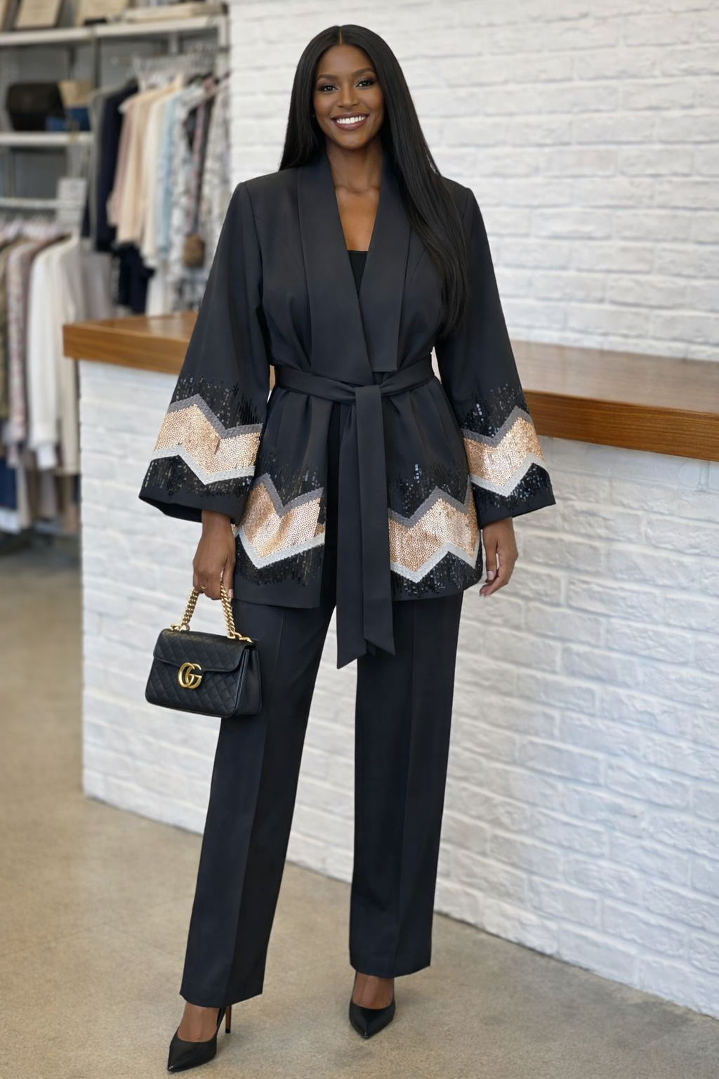 Ensemble élégant tailleur-pantalon turc à manches pailletées – Tenue deux pièces noire