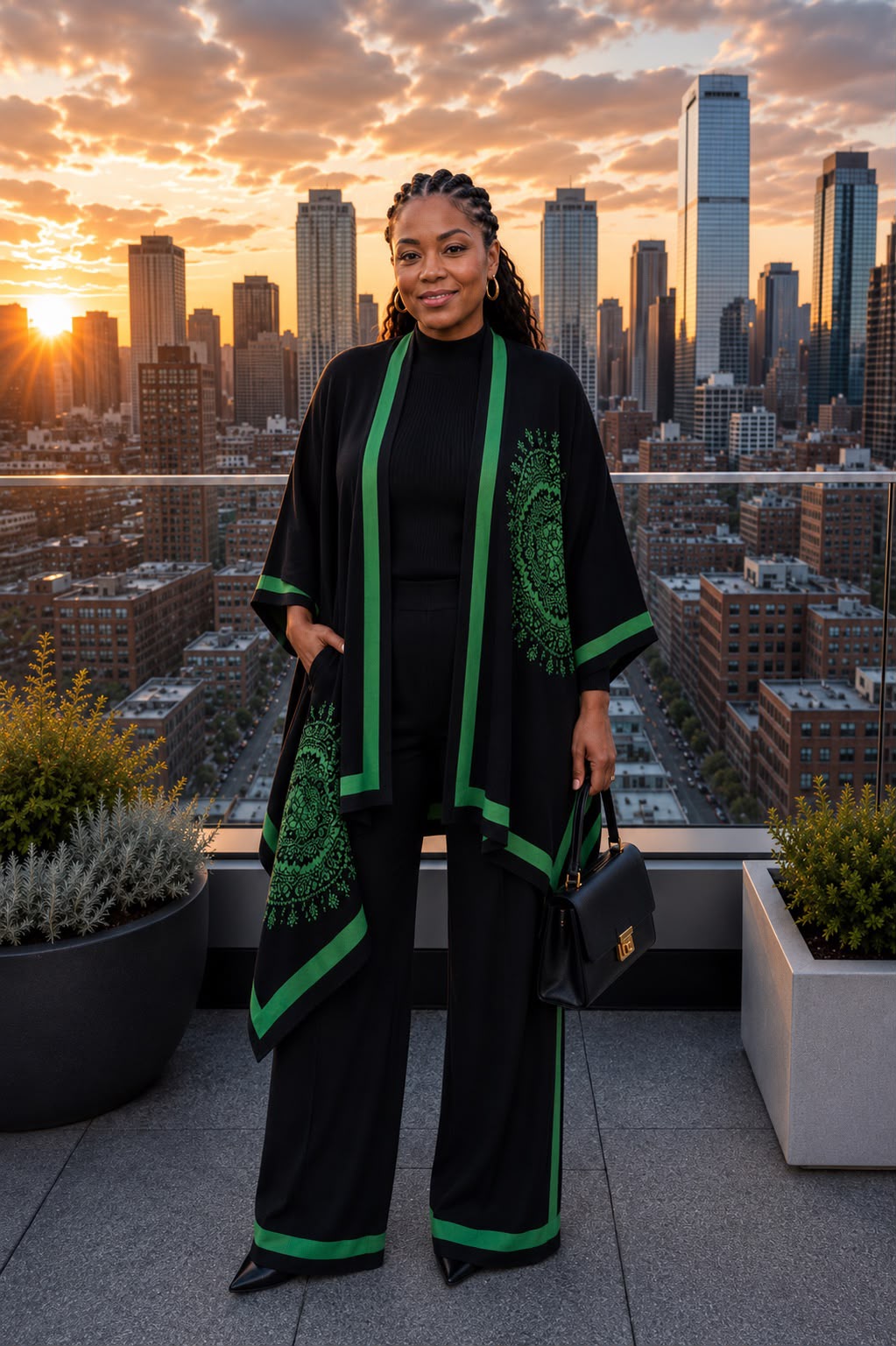 Green Three-Piece Knit Set with Printed Cape (Copy)