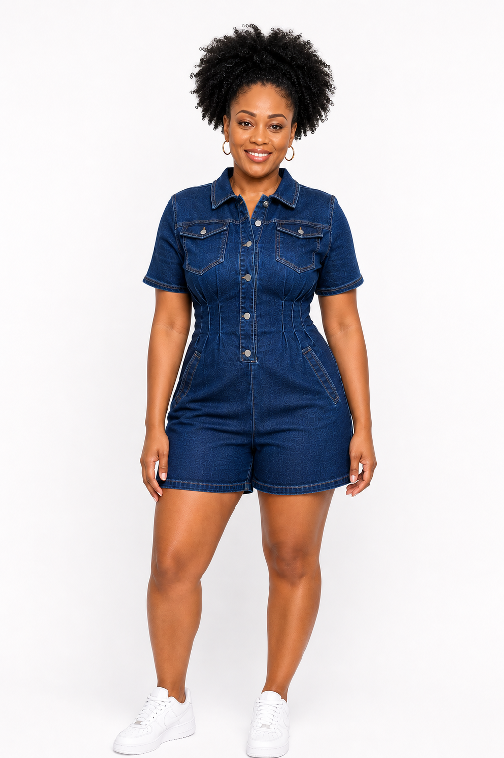 Chic Button-Front Denim Romper – Dark Blue