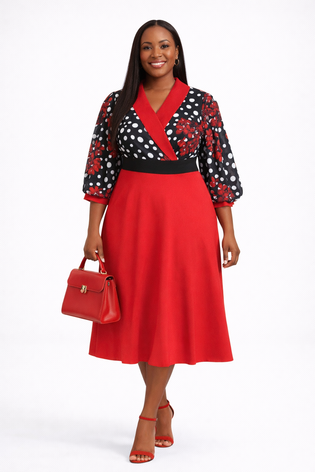 Robe midi d'entreprise fleurie à pois élégante rouge