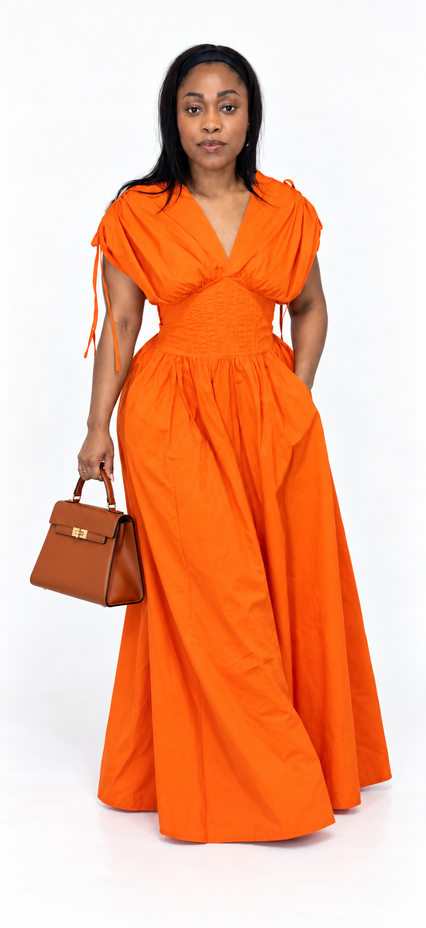 Orange V-Neck Corset-Style Maxi Dress | Happywize