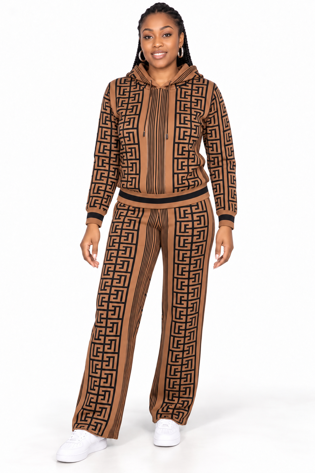 Camel Geometric Hooded Two-Piece Set