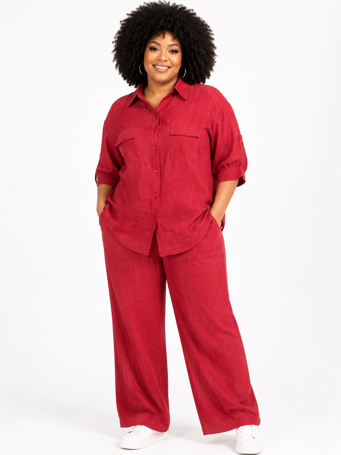 Elegant Linen Two-Piece Set โ Burgundy 098