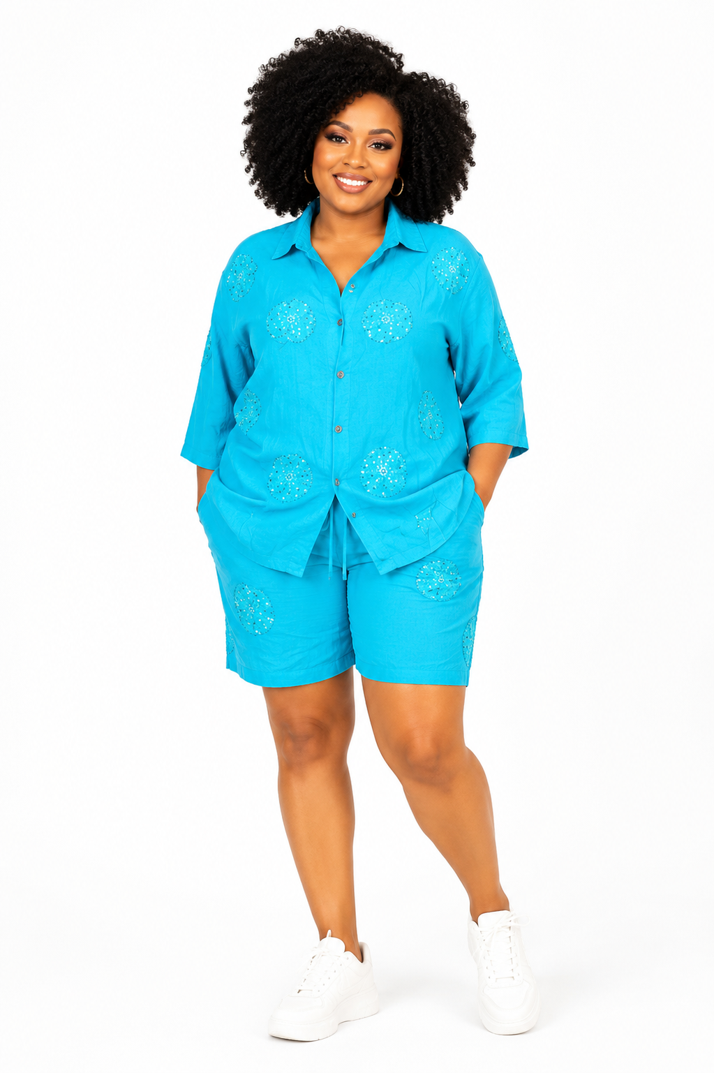 Casual Aqua Blue Summer Wear Linen Short Set-071