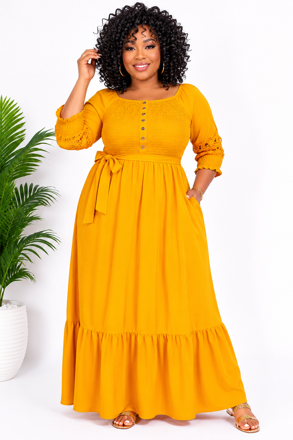 Elegant Smocked Maxi Dress – Yellow