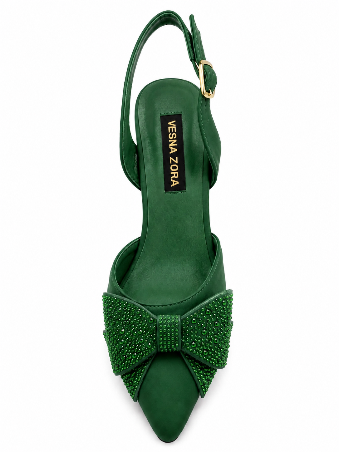 VESNA ZORA Emerald Rhinestone Bow Slingback Heels 69