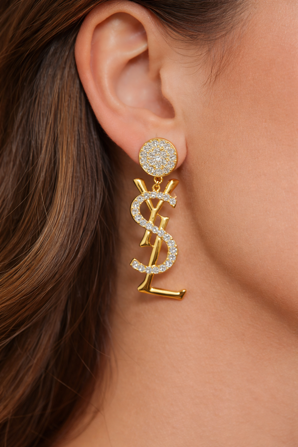 Luxury Gold Crystal YSL Drop Earrings – Elegant Statement Piece