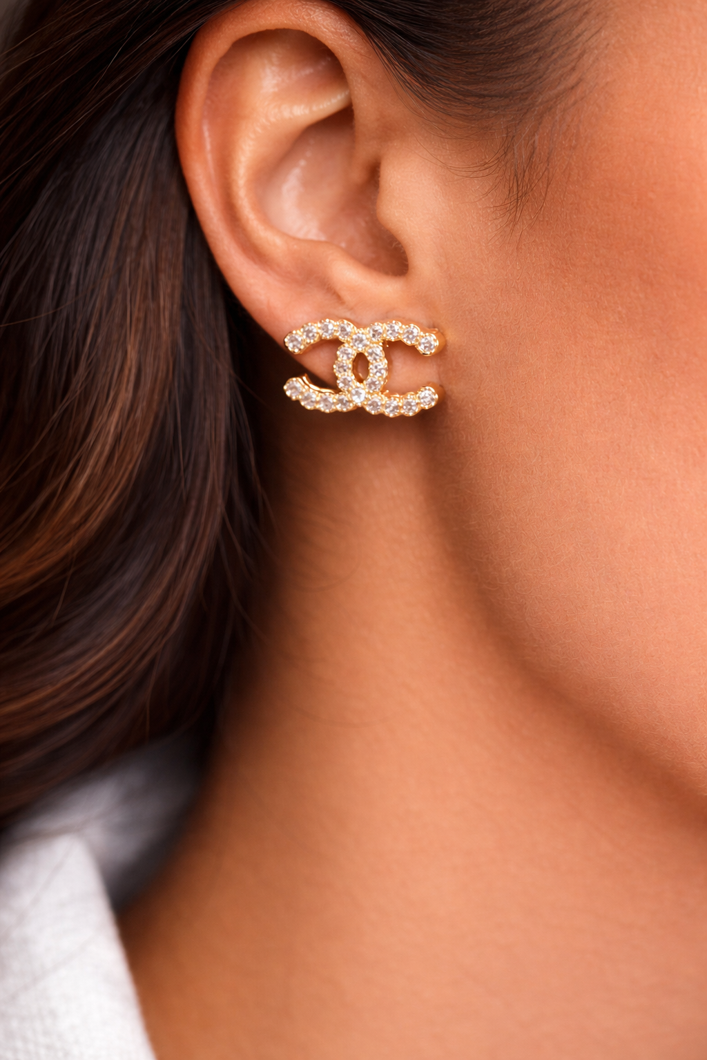 Luxury Crystal Double C Stud Earrings – Gold Sparkle Statement