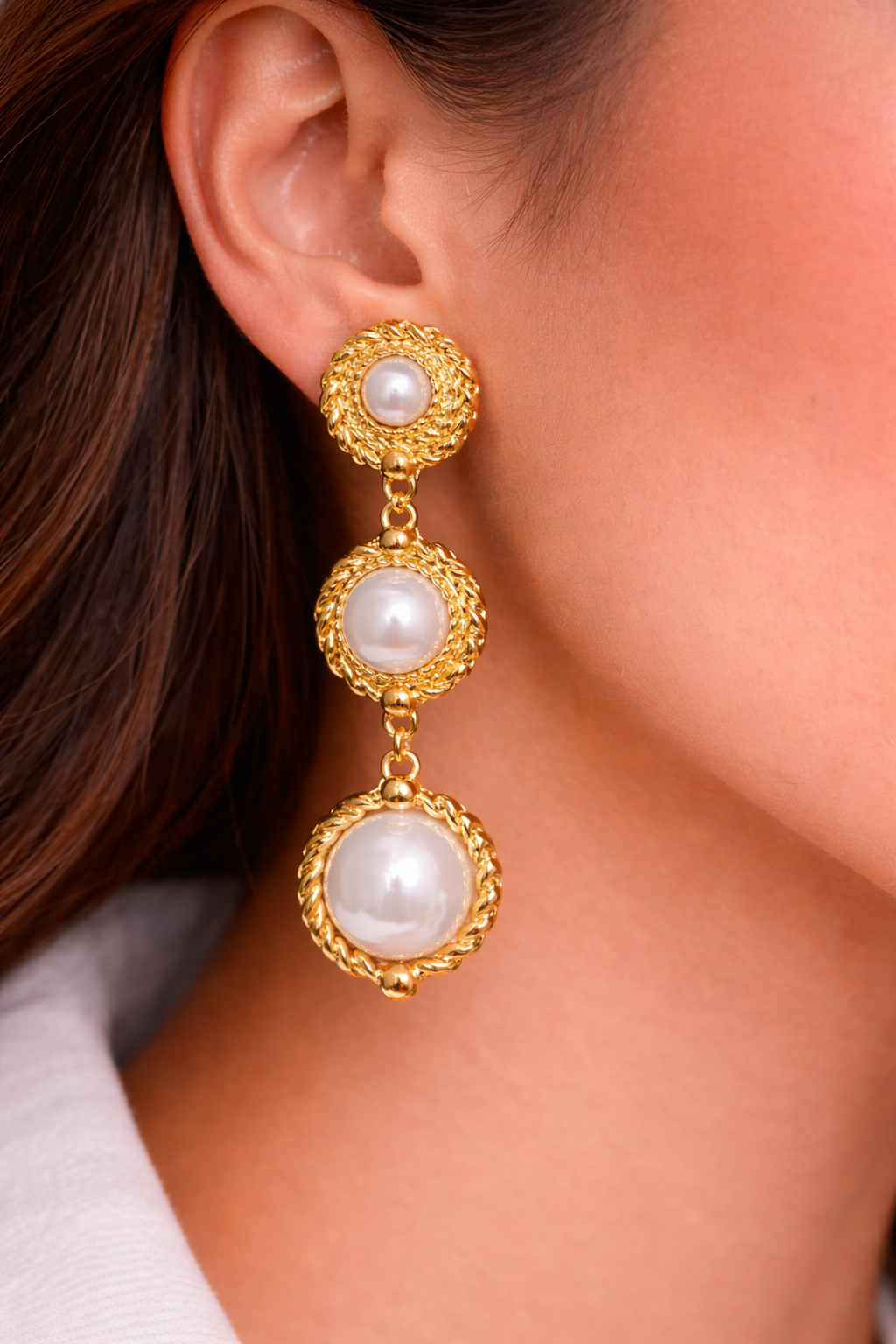 Luxury Gold Triple Pearl Drop Earrings