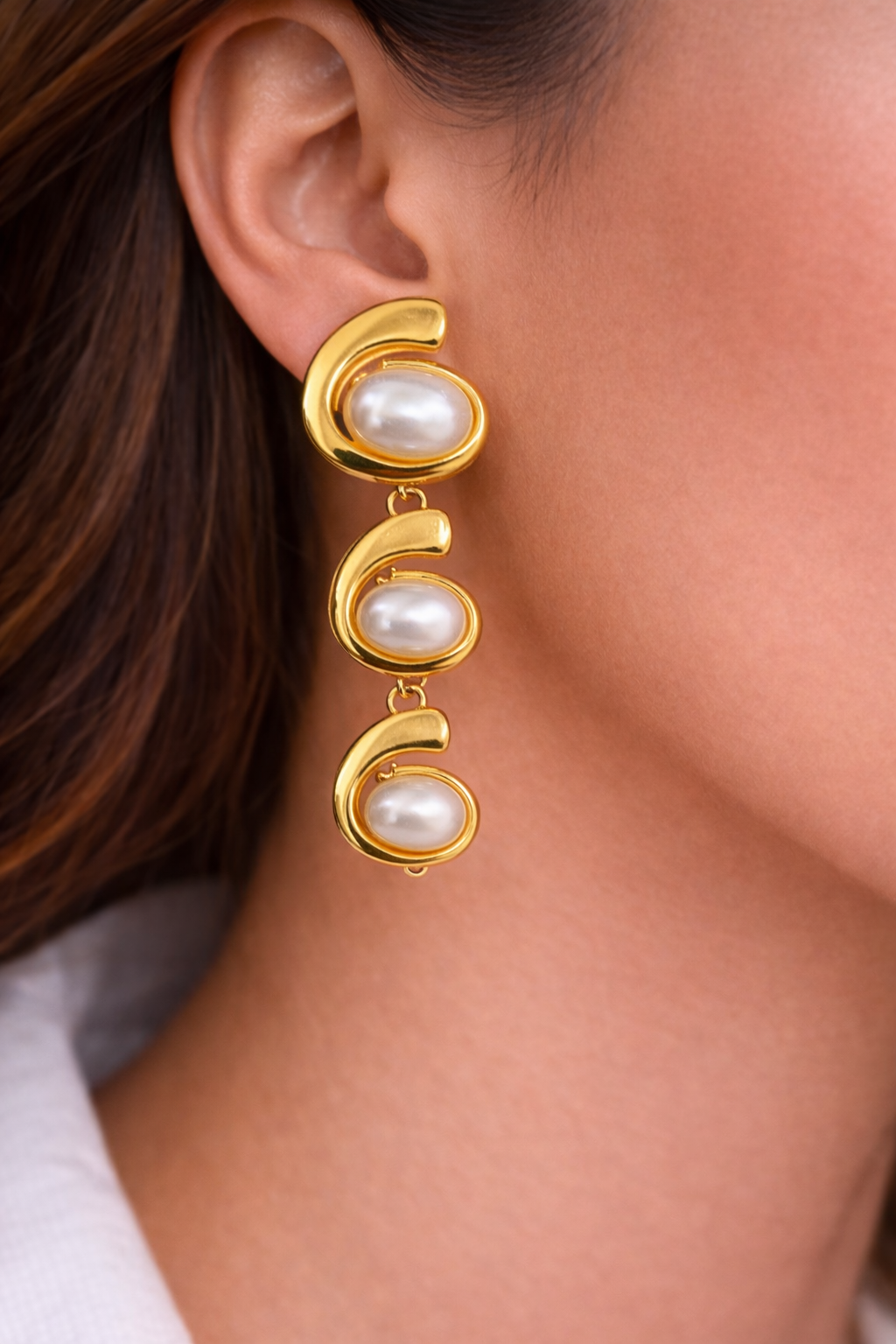 Elegant Triple Pearl Drop Gold Earrings