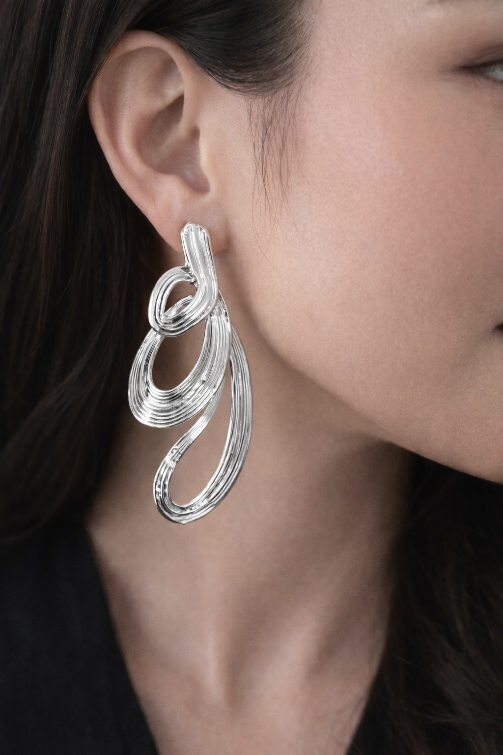 Elegant Silver Abstract Loop Drop Earrings (925 Sterling Silver)