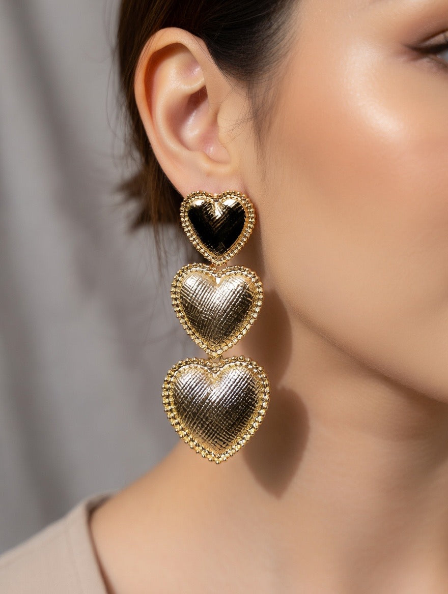 Triple Heart Gold Drop Statement Earrings