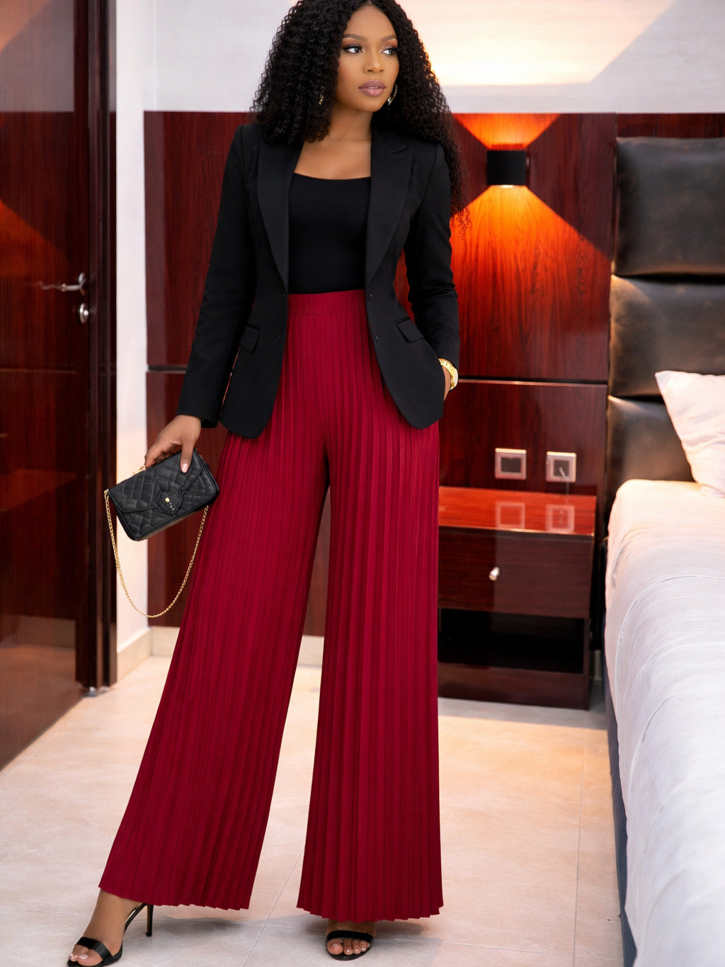 Burgundy Luxe Pleated Wide-Leg Pants