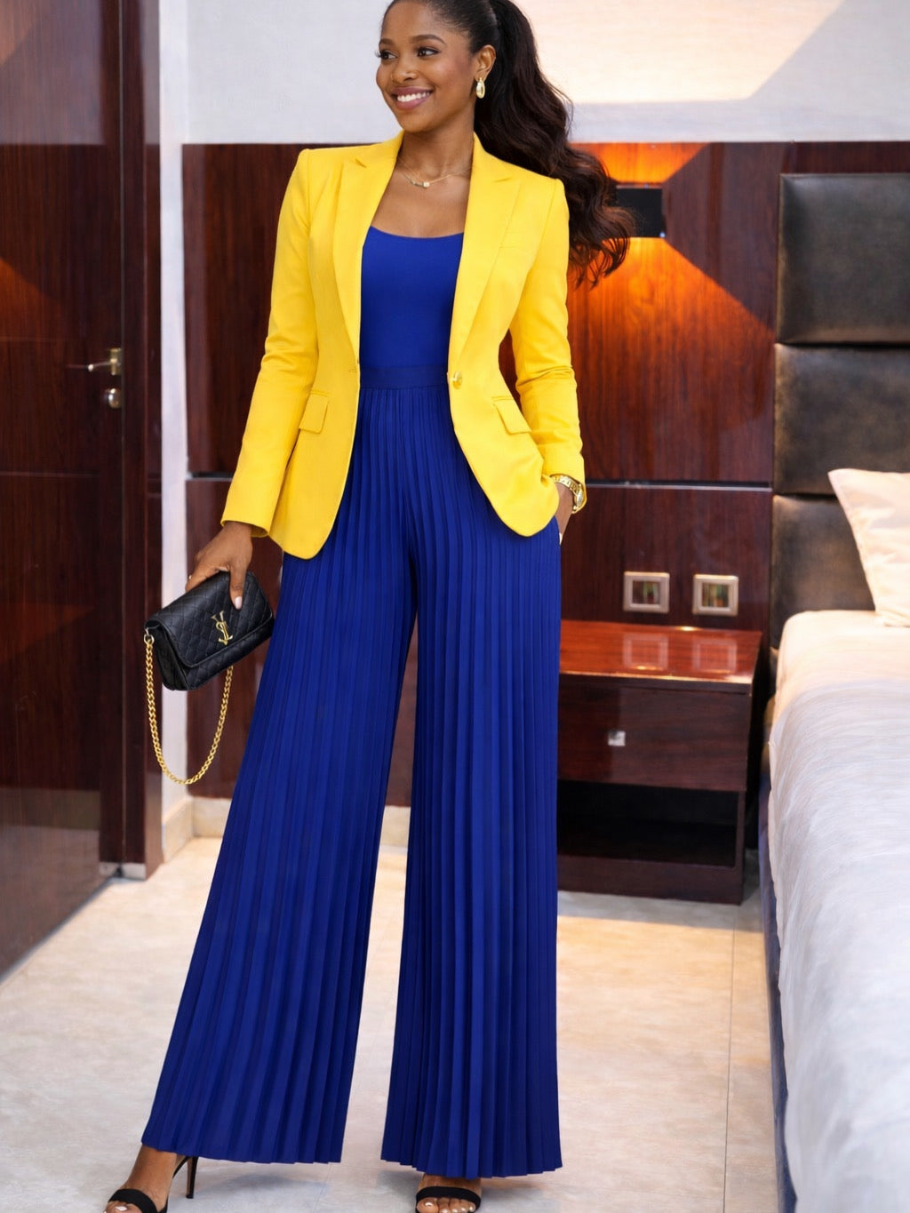Blue Luxe Pleated Wide-Leg Pants
