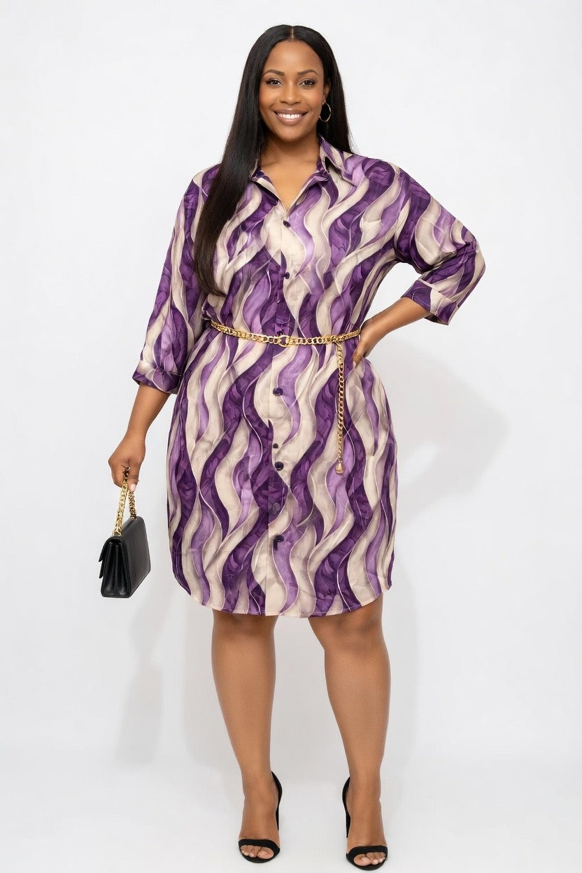 Elegant Wave Print Shirt Dress – Purple Luxe Edition