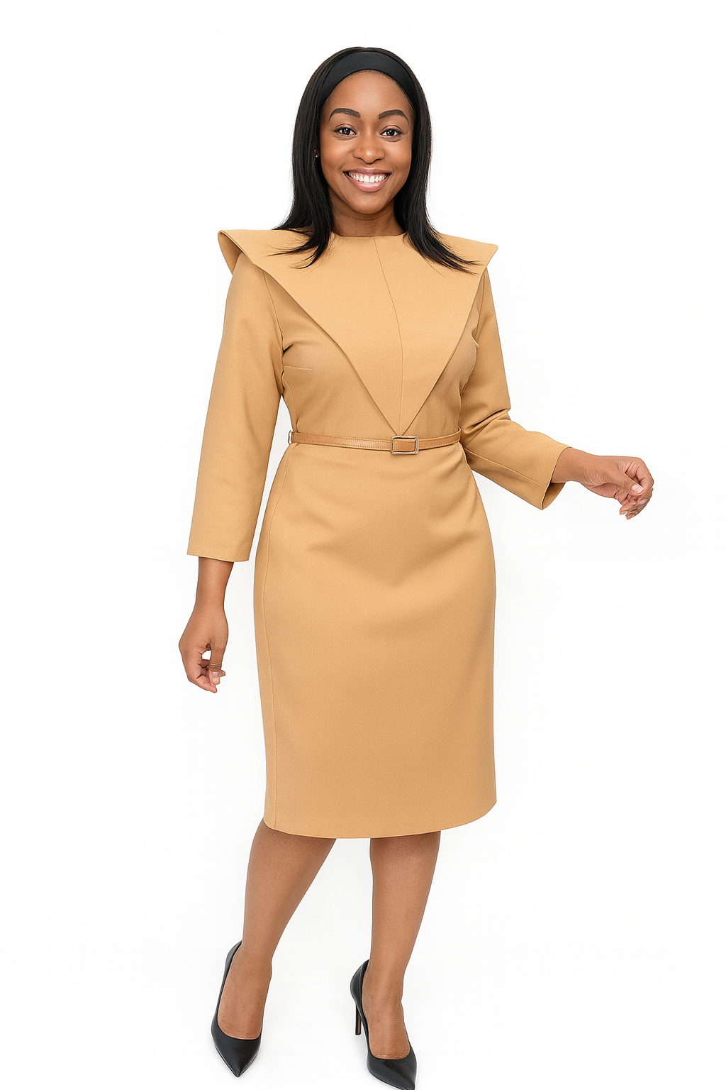 Robe midi de qualité supérieure marron avec col-cape