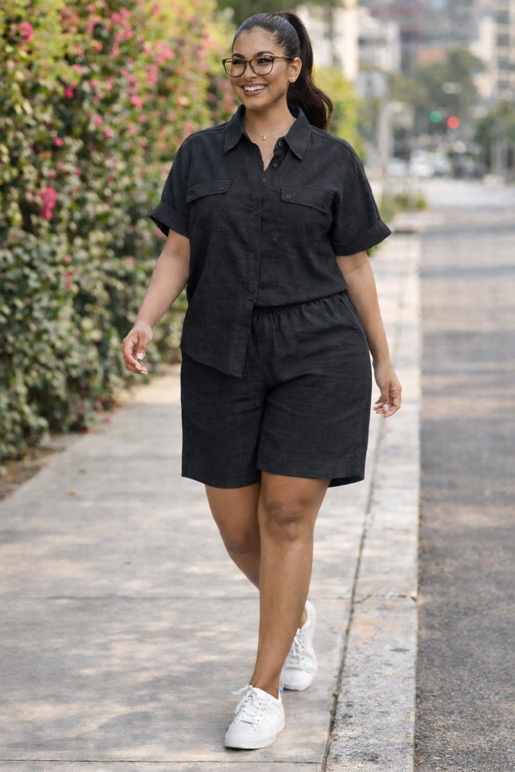 Lightweight Black Linen Shirt & Shorts Set 158