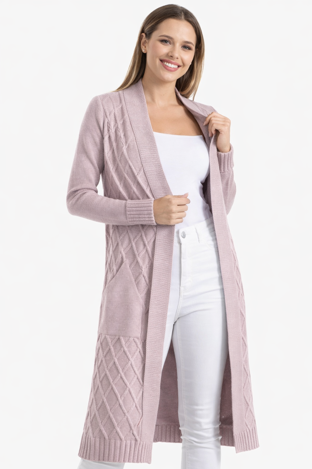 Open Front Kimono Peach Cardigan With Pockets