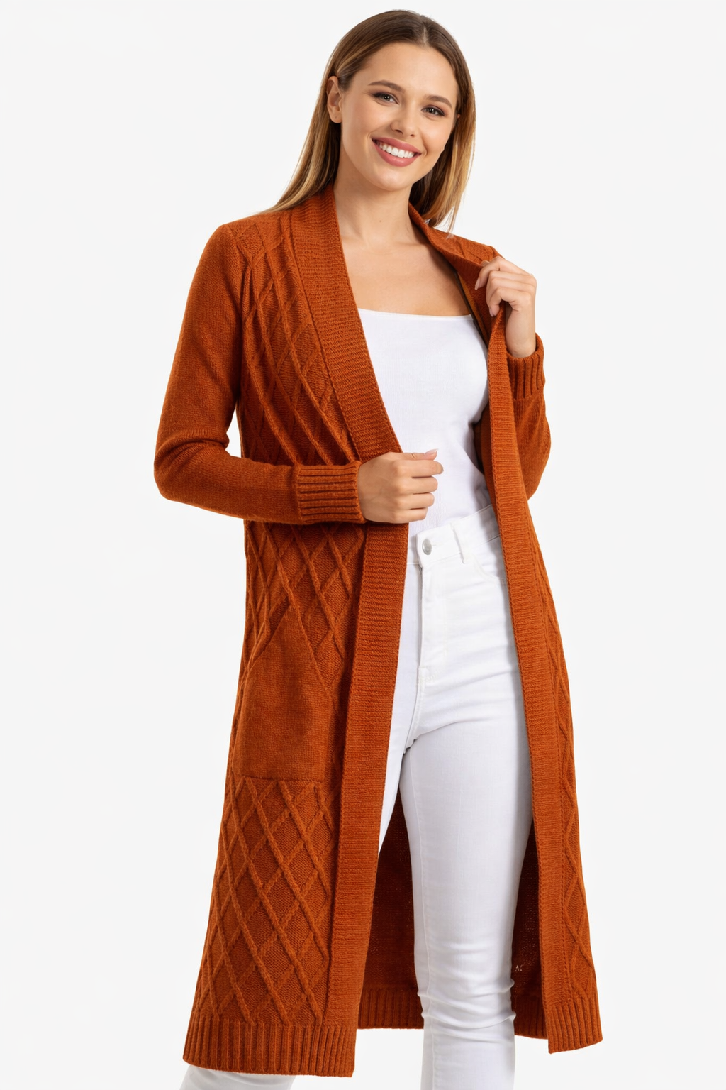 Open Front Kimono Orange Cardigan With Pockets