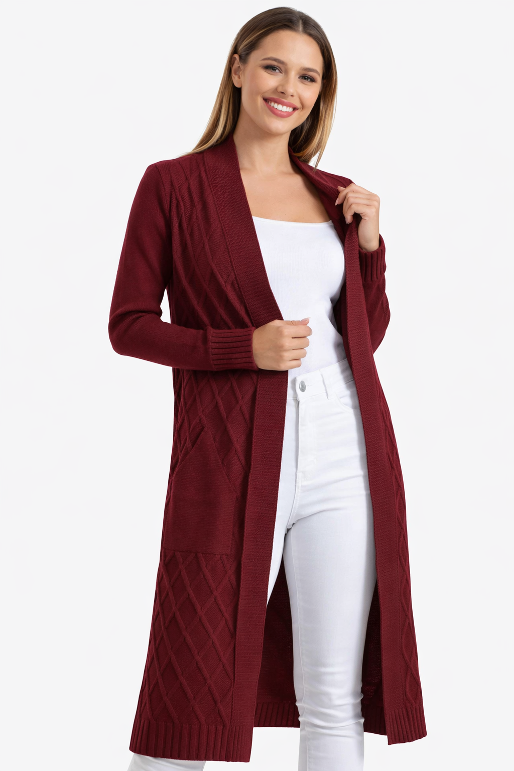 Open Front Burgundy Cardigan With Pockets