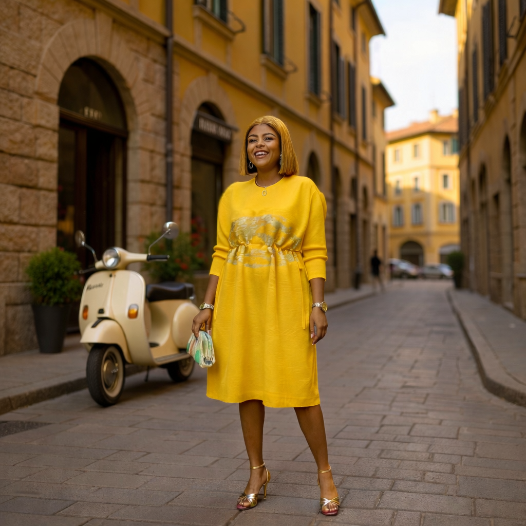 Golden Bloom Drawstrings Midi Dress