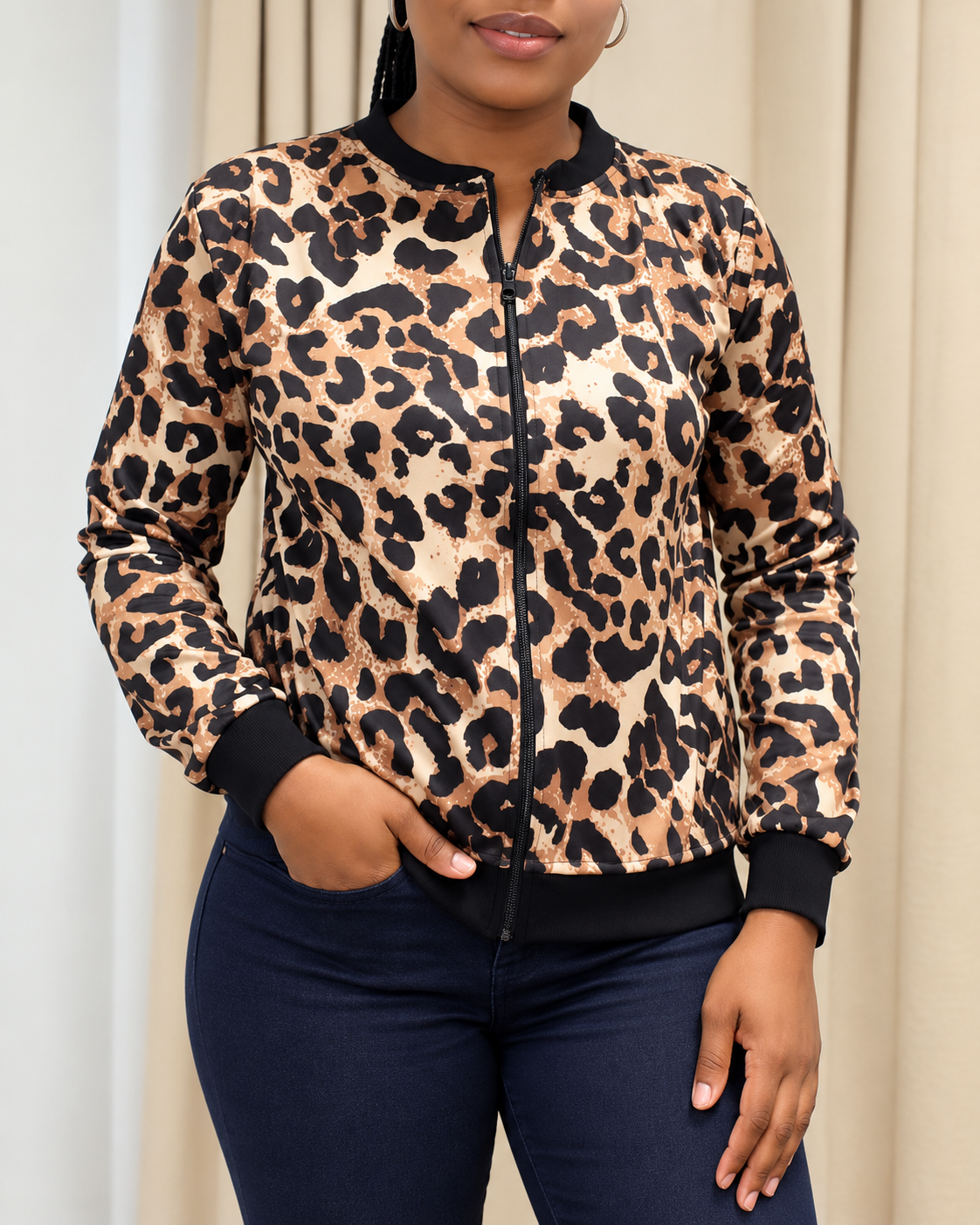Leopard Print Zip-Up Bomber Jacket