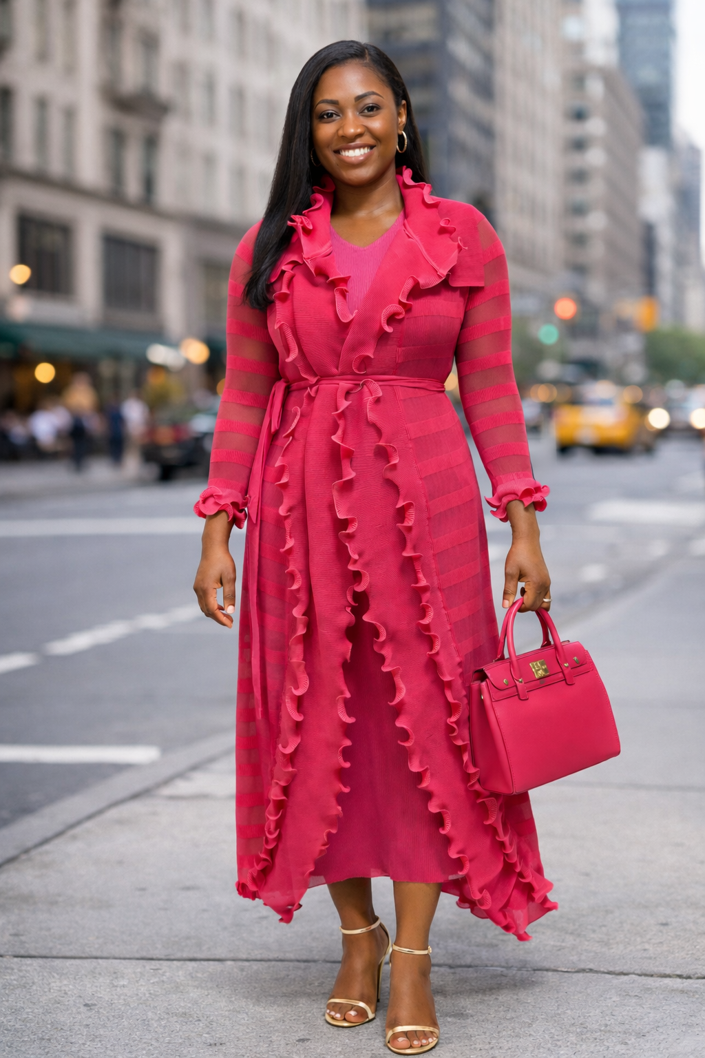 Vibrant Pink Miyaki Dress & Jacket Ruffled Mesh