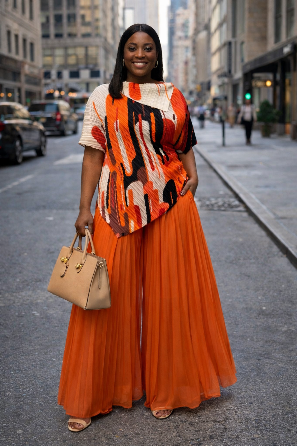 Miyaki - Orange Pleated Two-Piece Set with Patterned Top & Pant