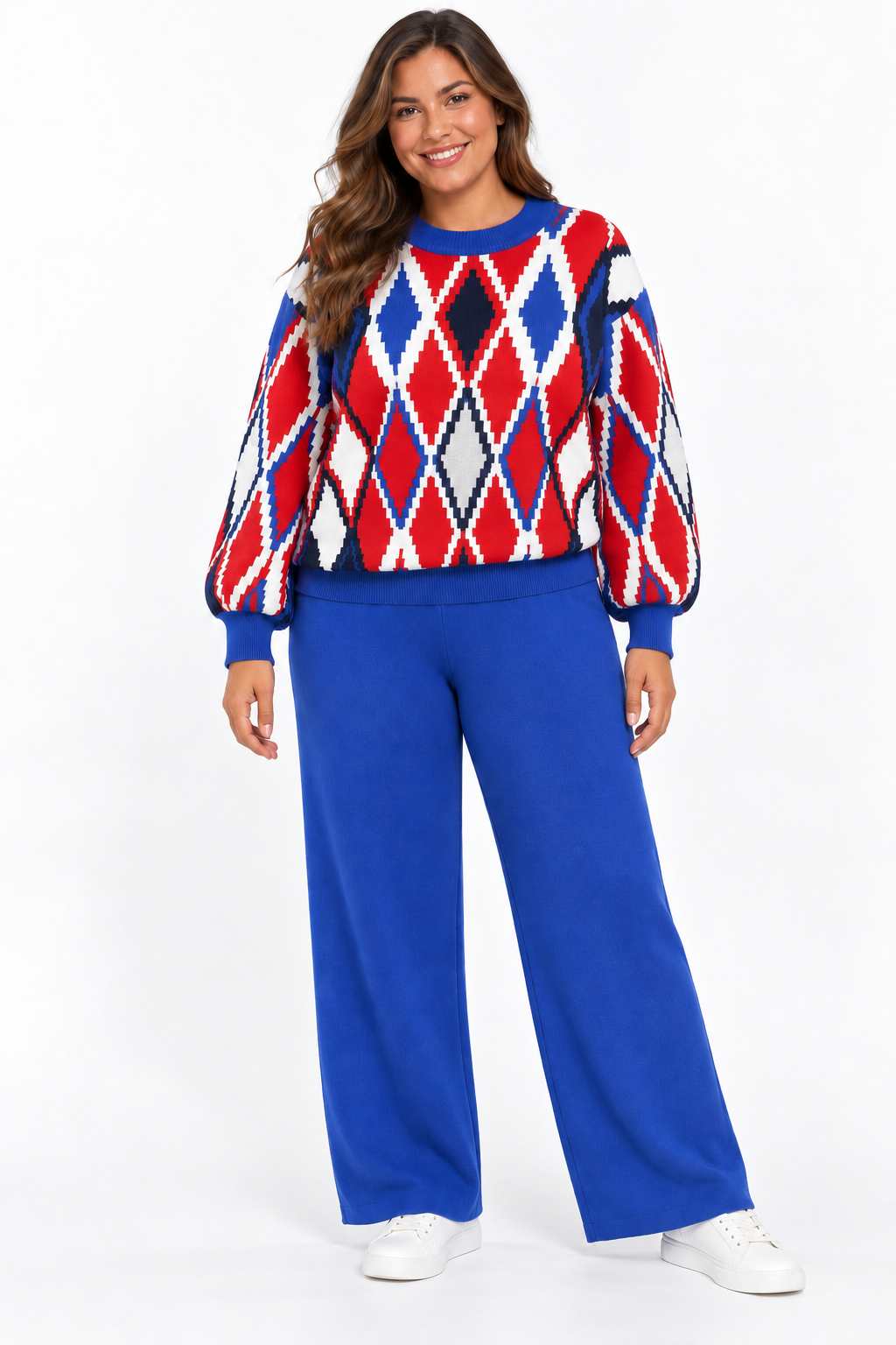 Blue Diamond Knit Sweater & Wide-Leg Pant Set