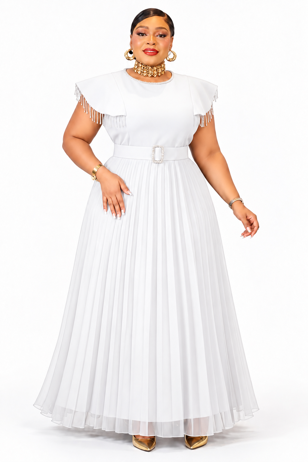 Ivory Elegance Fringe-Shoulder Pleated Maxi Dress
