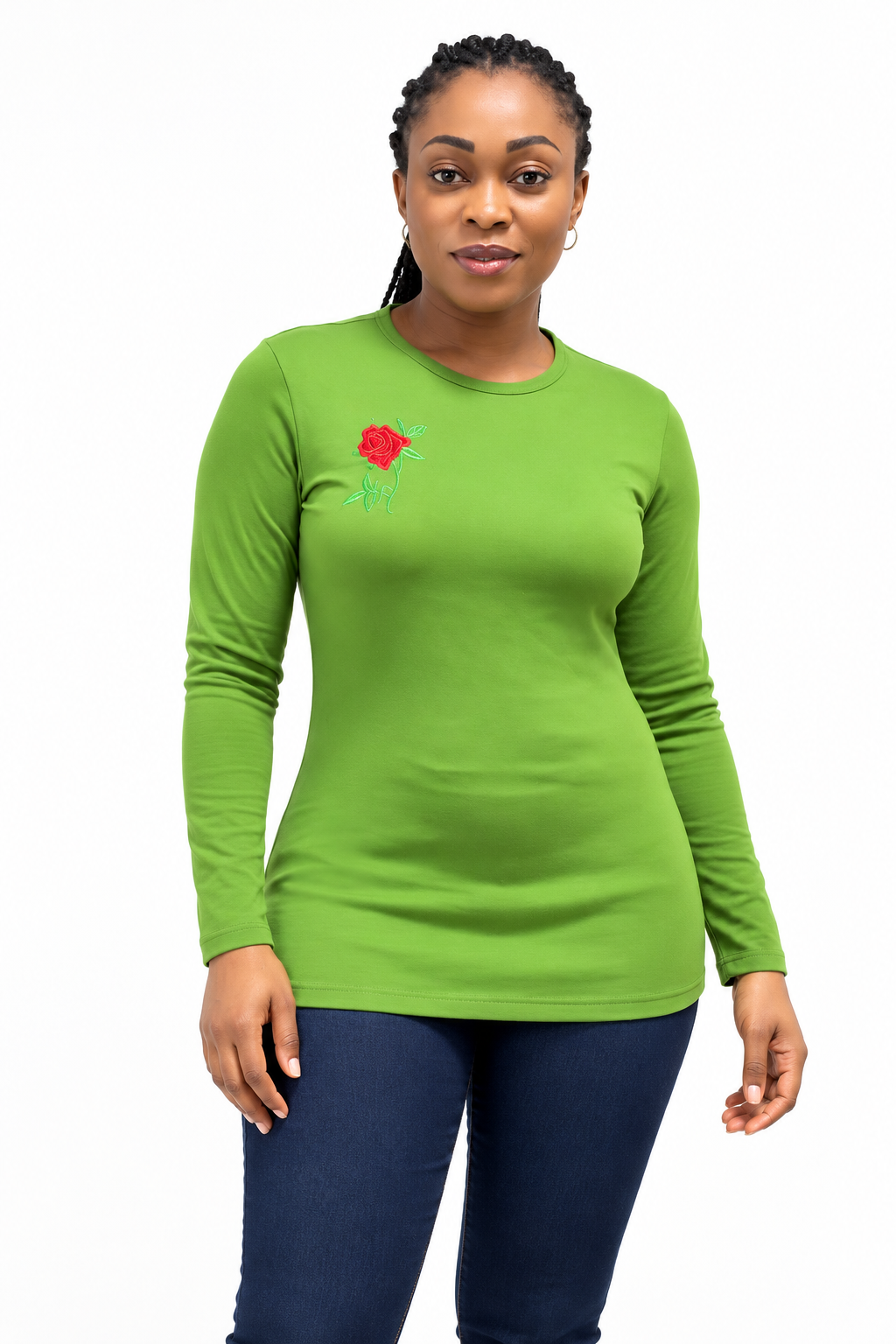 Green Rose Embroidered Long-Sleeve Sweater