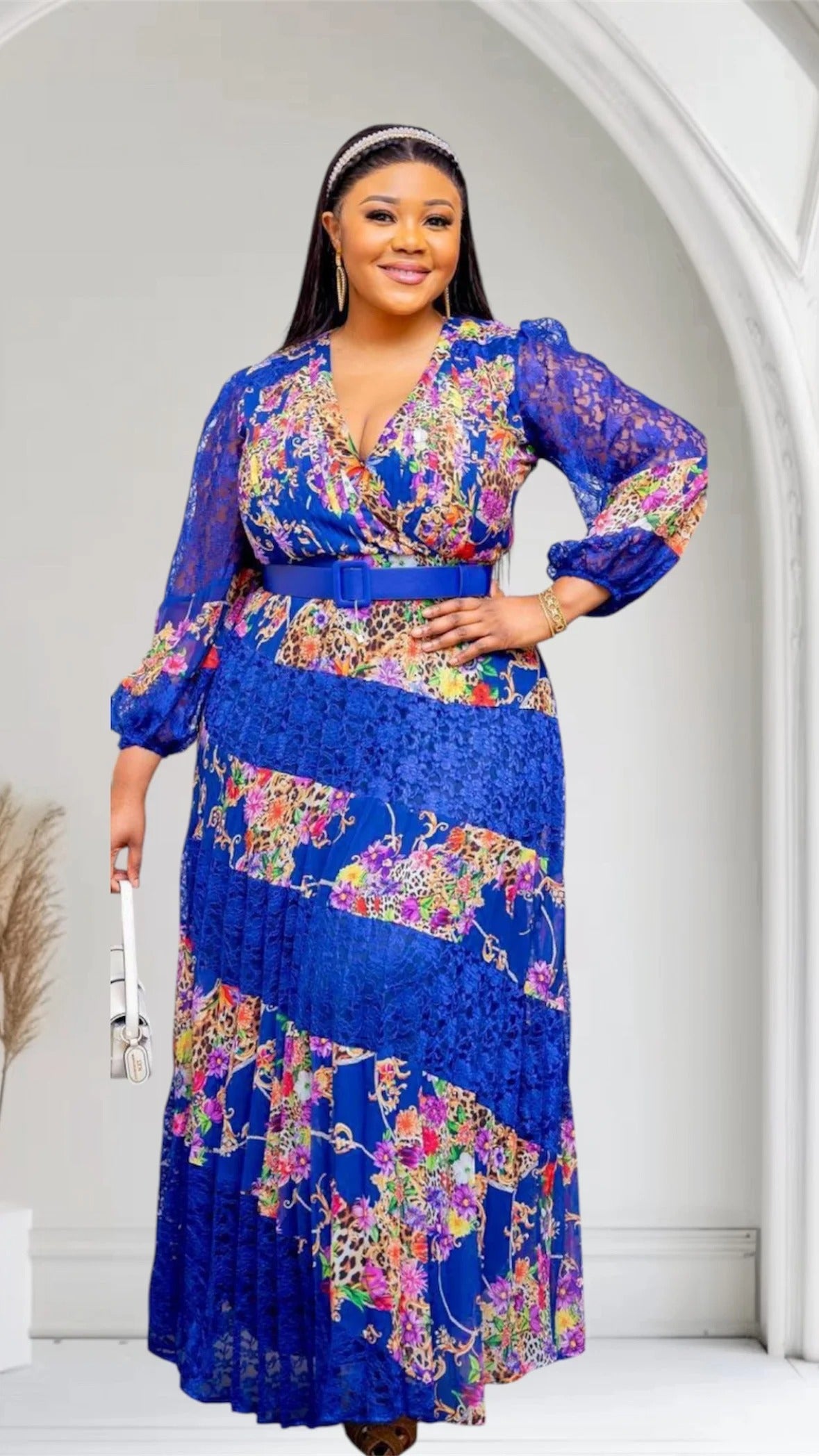 Lace Mix With Flower Print Maxi Dress