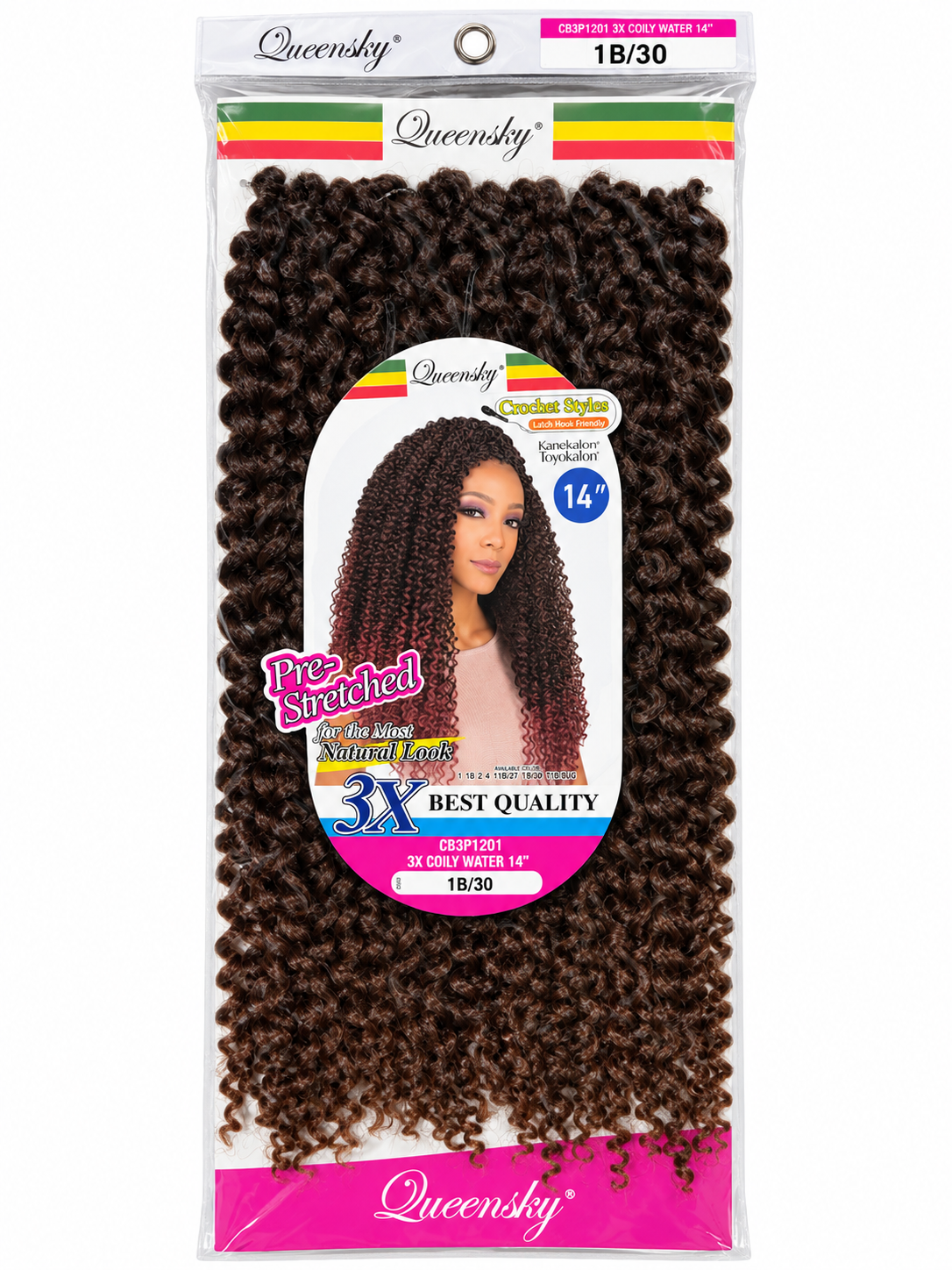 Queensky 3X Coily Water 14″ Pre-Stretched Crochet Hair – 1B/30