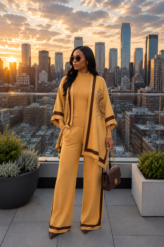 Ensemble trois pièces en maille de luxe (cardigan + haut + pantalon)