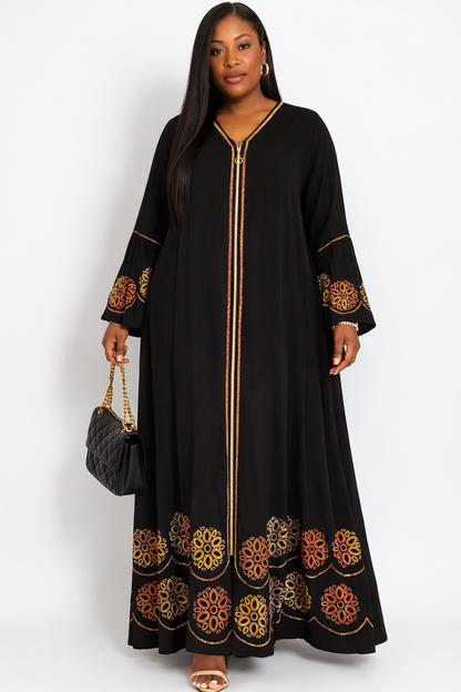 Elegant Black Embroidered Kaftan Maxi Dress