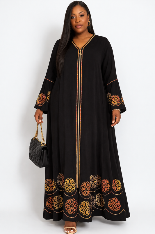 Elegant Black Embroidered Kaftan Maxi Dress