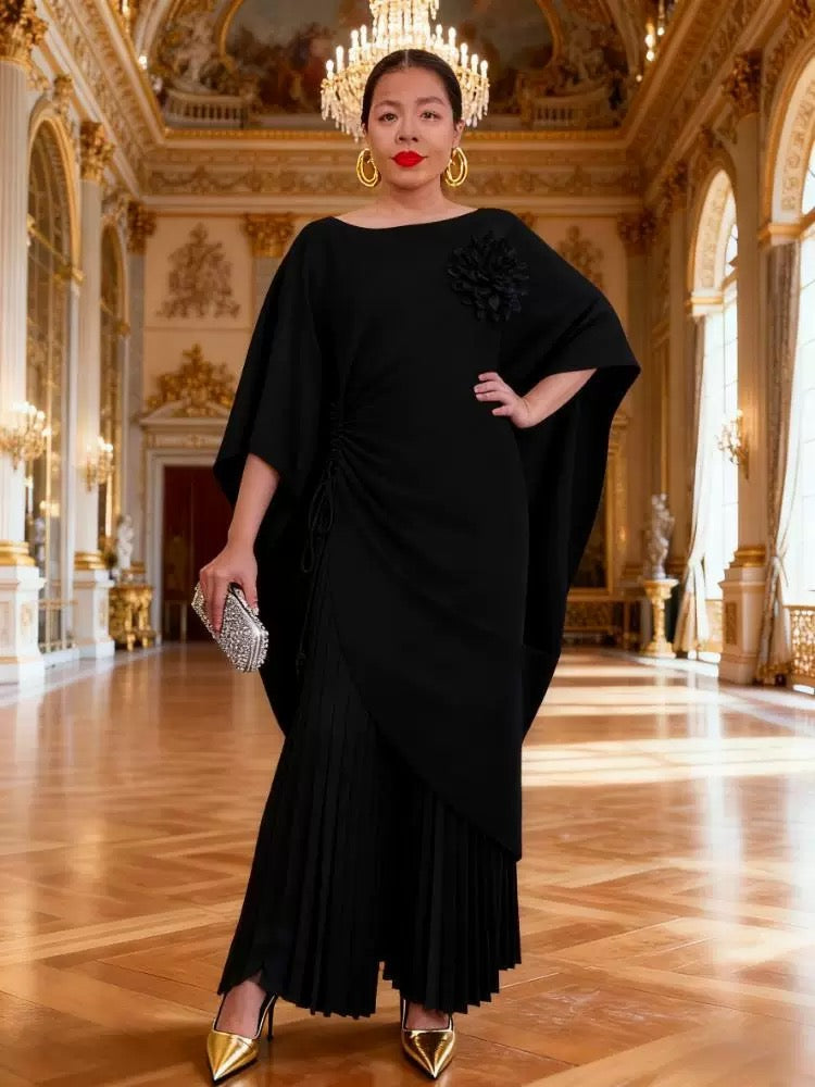 Elegant Pleated Kaftan Pant Set – Black