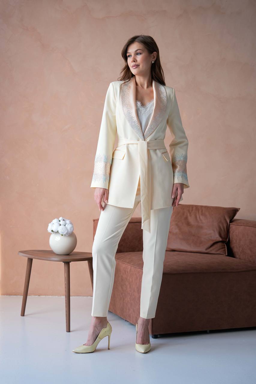 “Formal Off White Embellished Suit Set with Tailored Pants”