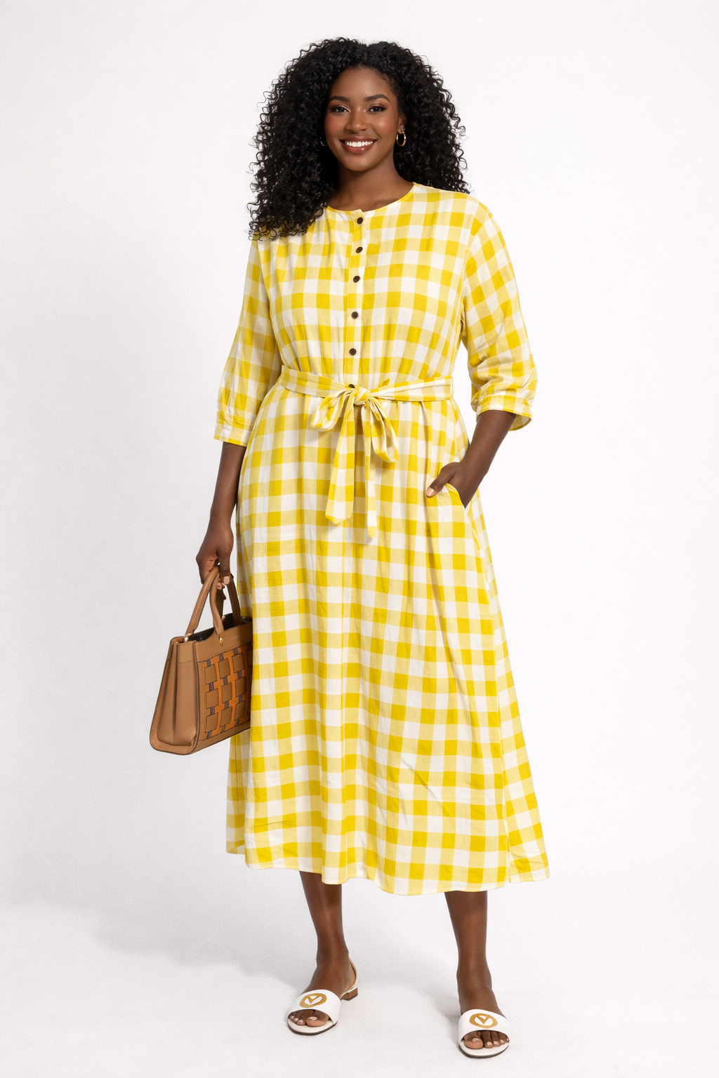 Classic Gingham Maxi Dress with Waist Tie & Pockets – Yellow