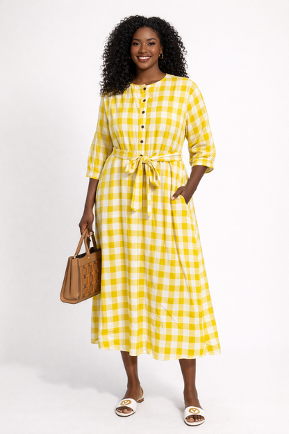 Classic Gingham Maxi Dress with Waist Tie & Pockets – Yellow