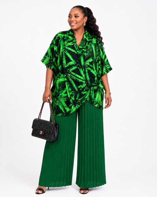 Emerald Elegance Pleated Pant Set